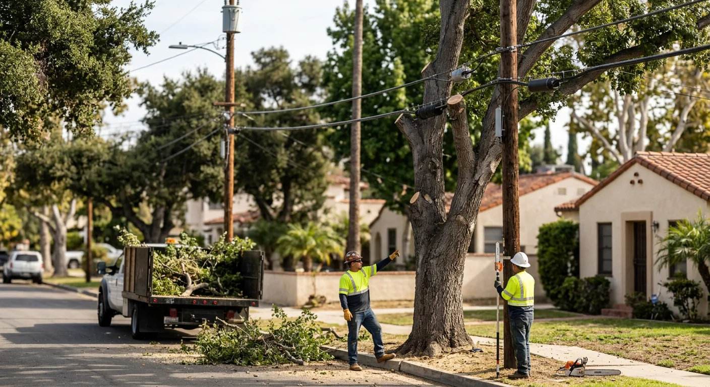 Cleared clearance between tree limbs and overhead utility lines after trimming