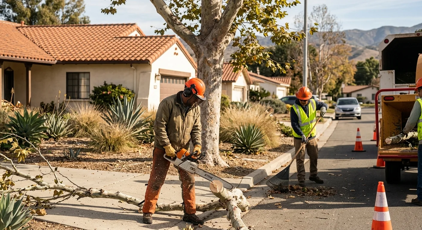 Trained technician using rigging to safely lower a limb over a Santa Paula yard